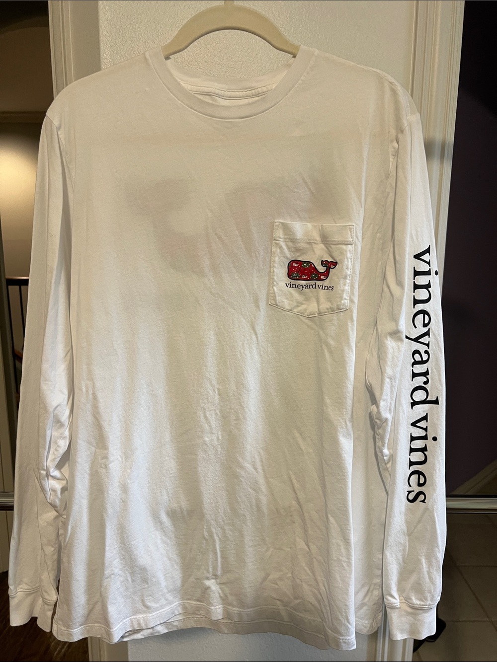 Vineyard Vines White Long Sleeve Pocket Tee with Red Whale Patch